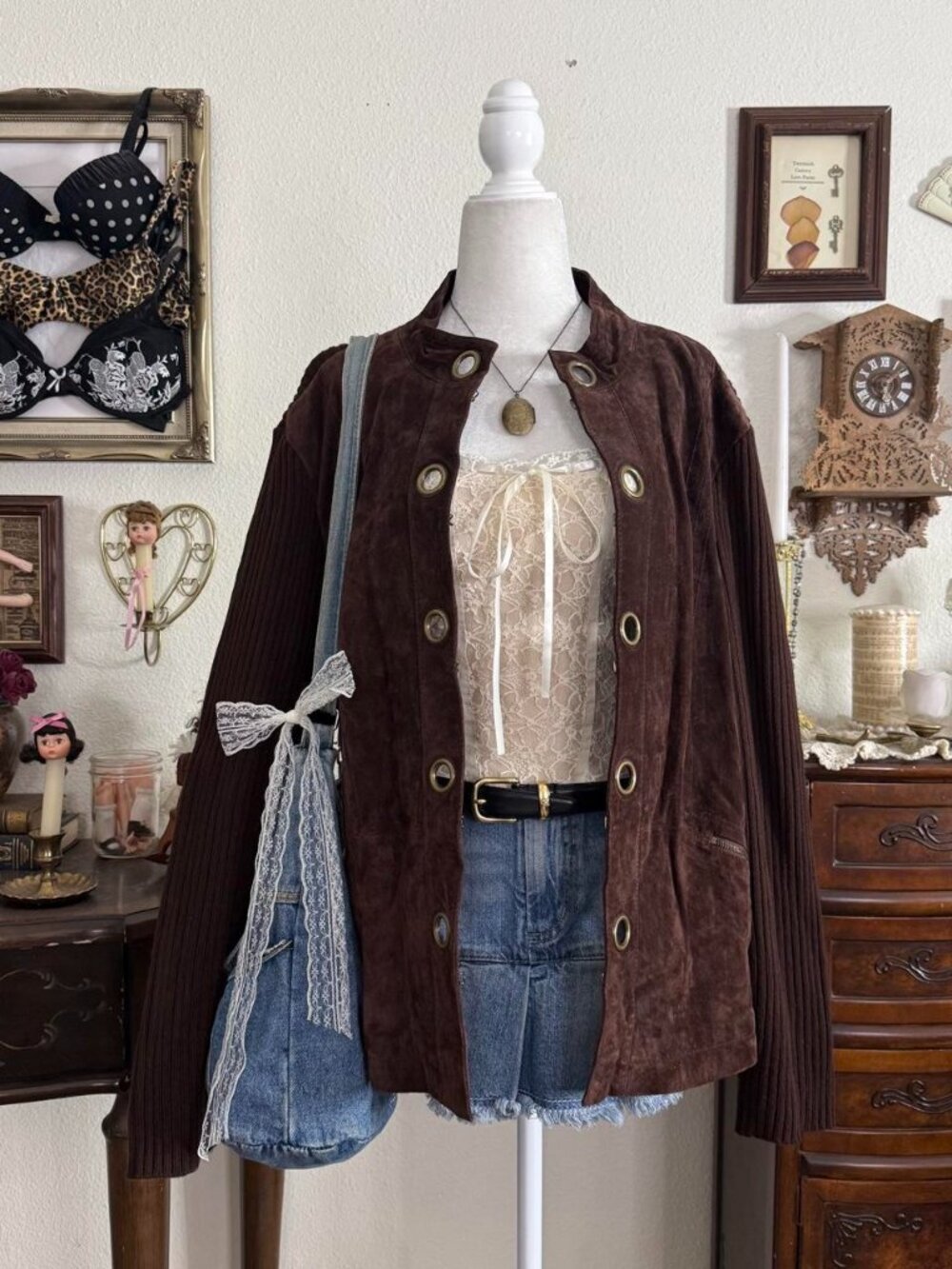 Y2k western style girly grunge brown suede leather ribbed knit jacket w oversize